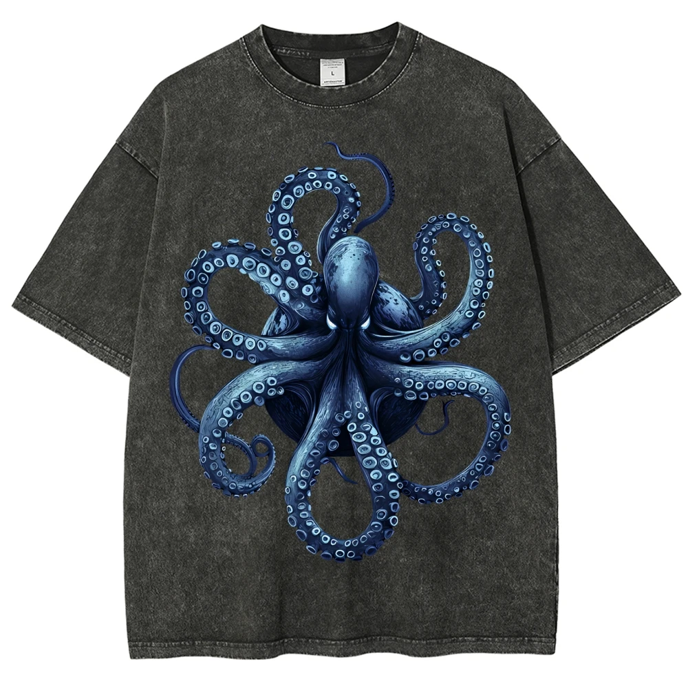 

Washed Octopus T Shirt Unisex Casual Fashion Short Sleeve T-shirts Hip Hop Vintage Tee Shirt Men Women Clothing