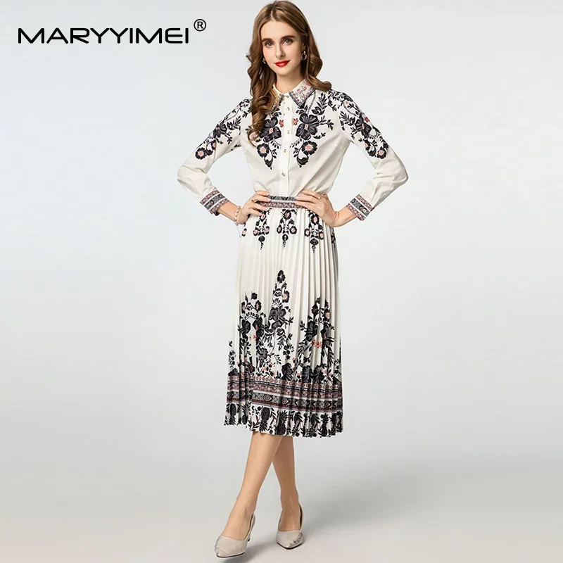 

Gedivoen Vintage Women's Suit Turn-Down Collar Long Sleeved Single Breasted Tops+Casual Pleated Skirt Print 2-piece set