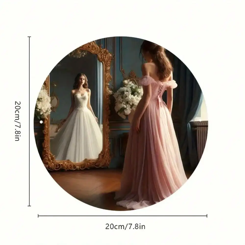 2D Flat High Definition Metal Wall Art Elegant Princess Looking in Mirror Pink Tulle Off-shoulder Dress Metal Sign Vintage Baroq
