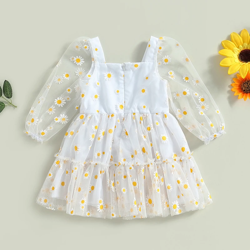 Toddler Baby Girls Princess Tutu A-Line Dress Daisy Print Long Sleeves Ruffle Mesh Tulle Dress