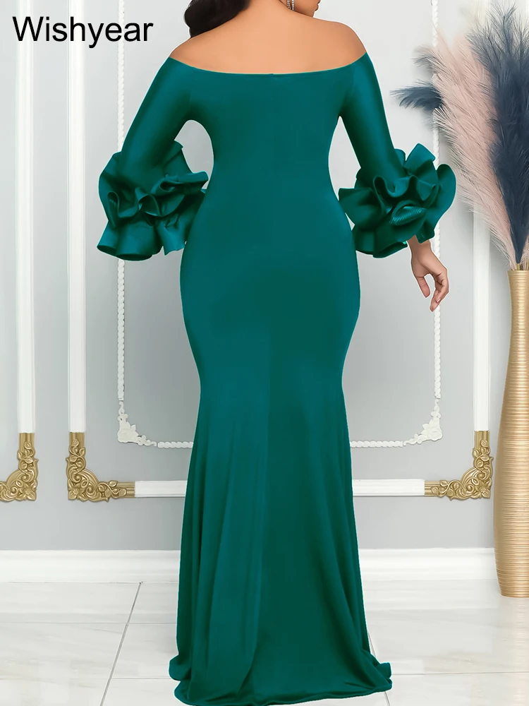 Mlaiscsr Sexy Off Shoulder Slit Green Lotus Long Sleeve Dress Women Birthday Party Evening African Wedding Gown Vacation Vestido