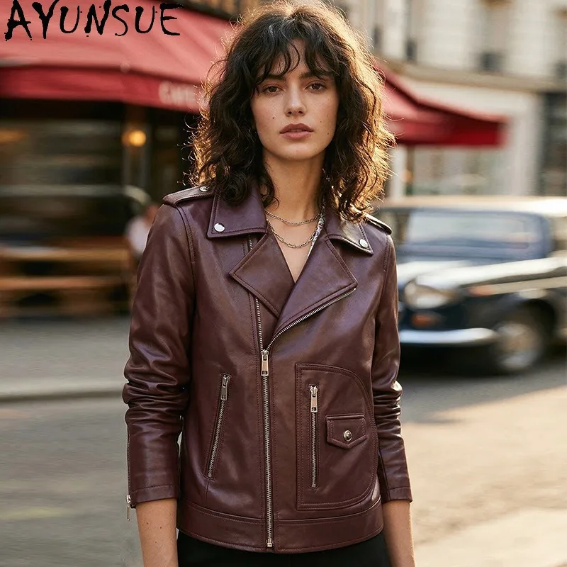 AYUNSUE Women's Real Leather Jacket Short Motorcycle Style Sheepskin Jackets Fashion Fitted Long Sleeve Tops Woman Clothes