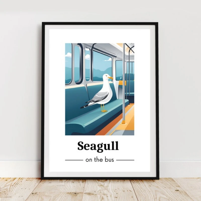 Custom Seagull Print, Animal Print, Fun Colourful Print, Seagull on the Bus. Bedroom Print. Customise the text.