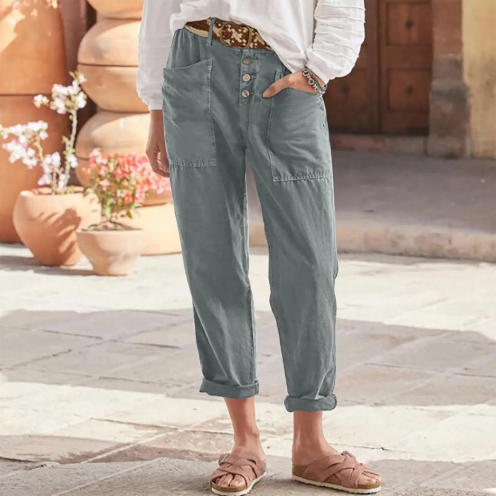 

Women Loose Pants Spring Summer Pockets Baggy Button Trousers Female Casual High Waist Pants Ladies Solid Color Cotton Hemp Pant