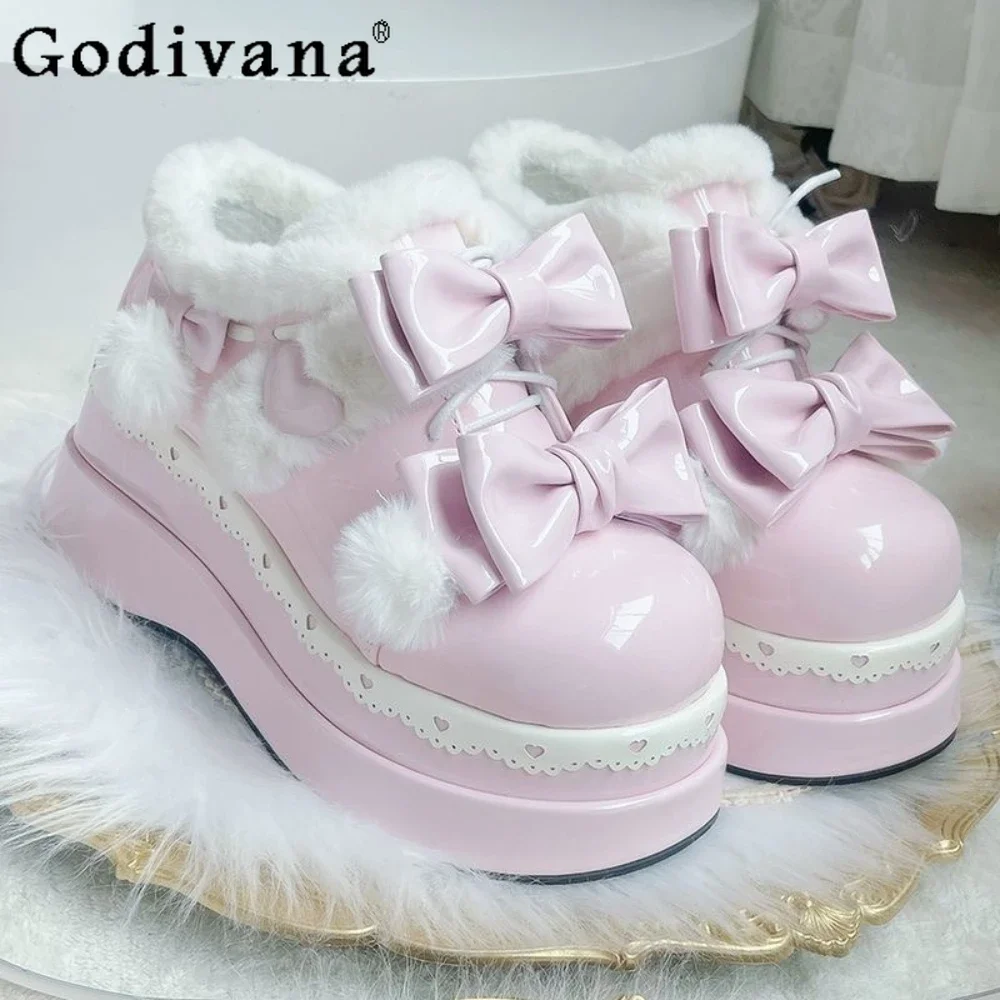 

Lolita Snow Boots Round Head Cute Bow Velvet Platform Cotton High Shoes Black Single Shoe Women Boot