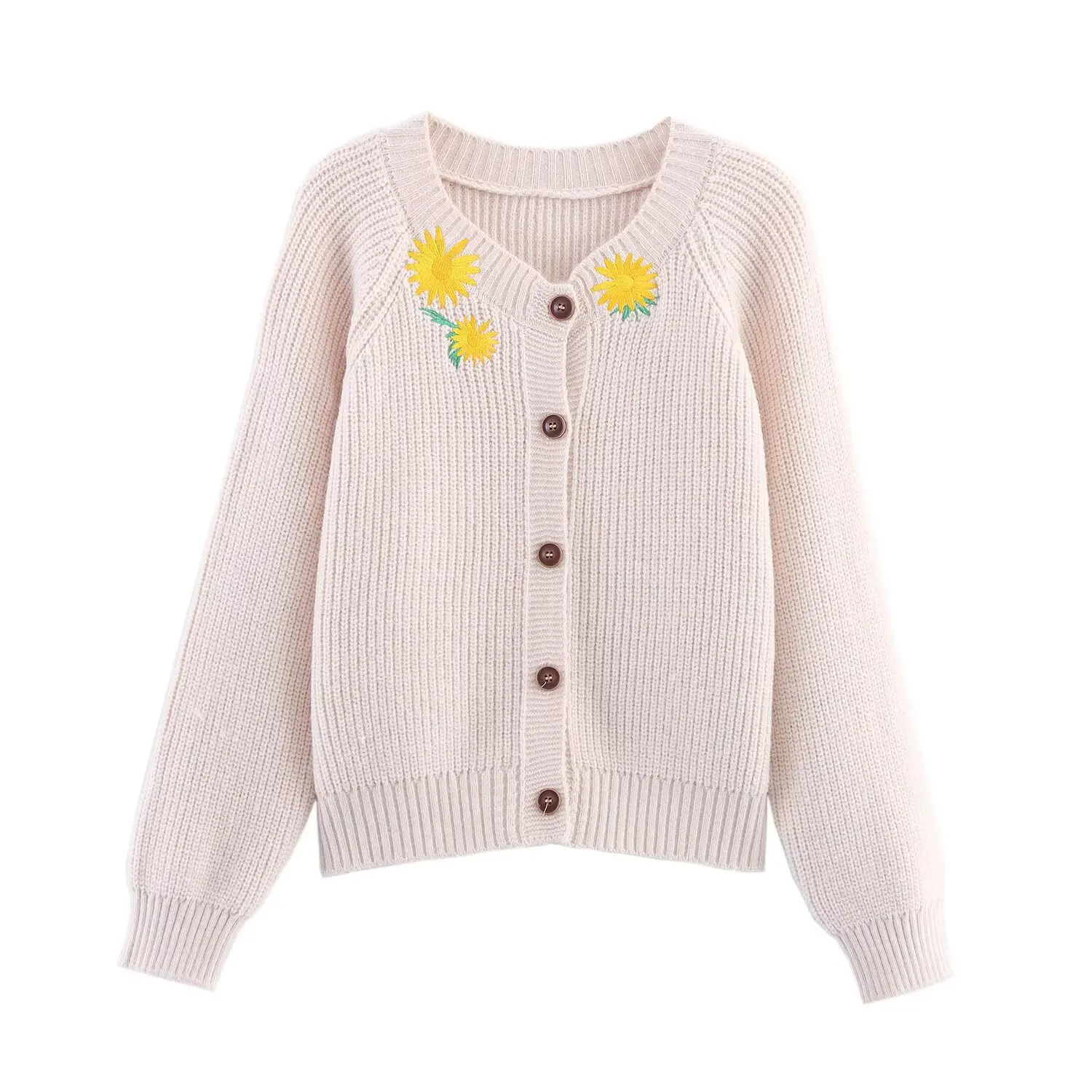 

New Fashion Casual Long Sleeve O-neck Single Breasted Embroidery Solid Color Loose Fit Knitting Sweater For Women