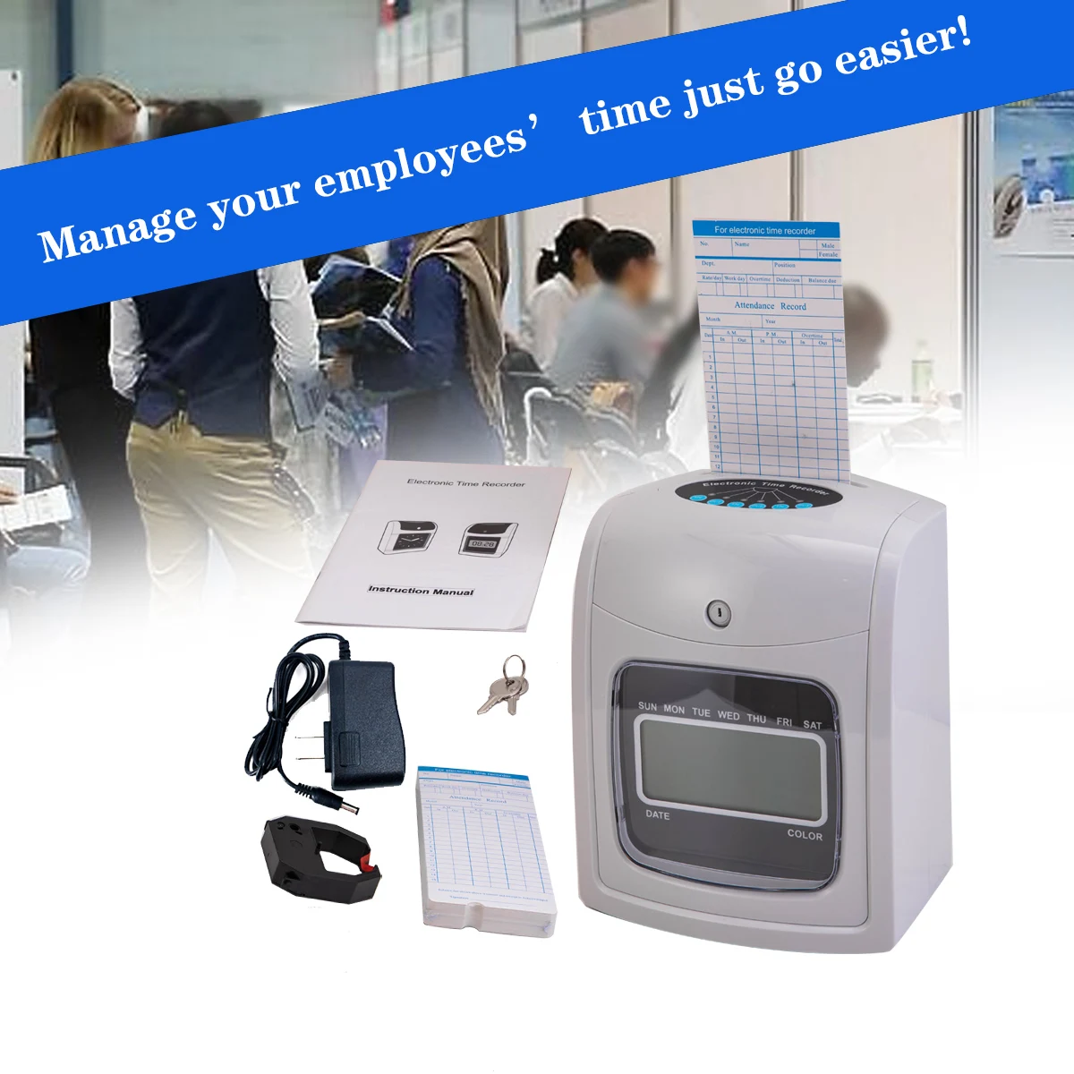 Electronic Time Recorder Employee Time Recording Attendance Machine Wall Mountable Attendance Time Card With 50 Cards + LCD