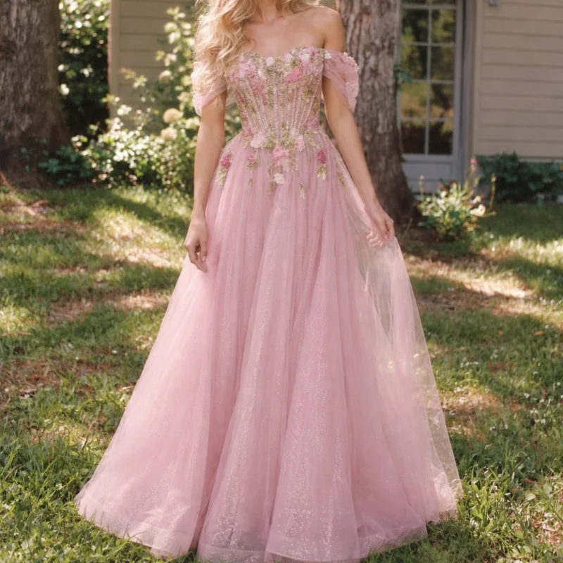 Pink Women's Dresses for Party Robe Prom Gown Turkish Sequin Flower Decal Evening Gowns Glitter Long Suitable Request