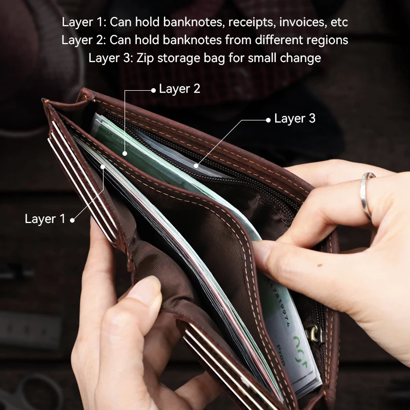 Retro Crazy Horse Leather Short Wallet Vertical Style First Layer Leather Card Wallet Simple Card Slots Purse Money Bag Wonen