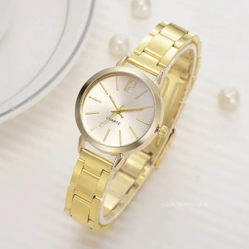 Reloj de lujo con esfera redonda Simple para Mujer, pulsera de oro inoxidable, Reloj de pulsera de cuarzo para estudiantes, relojes para Mujer