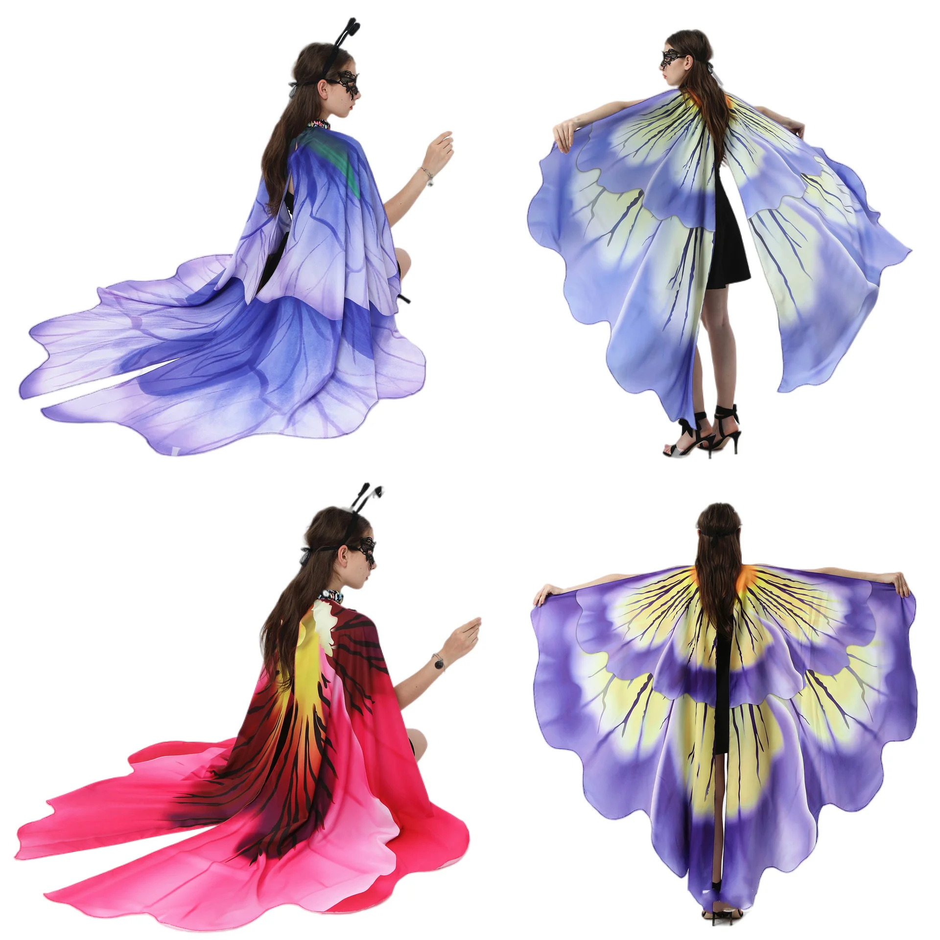 Women Monarch Butterfly Wings Costume Flower Large Cape Fairy Ladies Shawl Dancing Festival Outfit Angel Wings Mask Headband