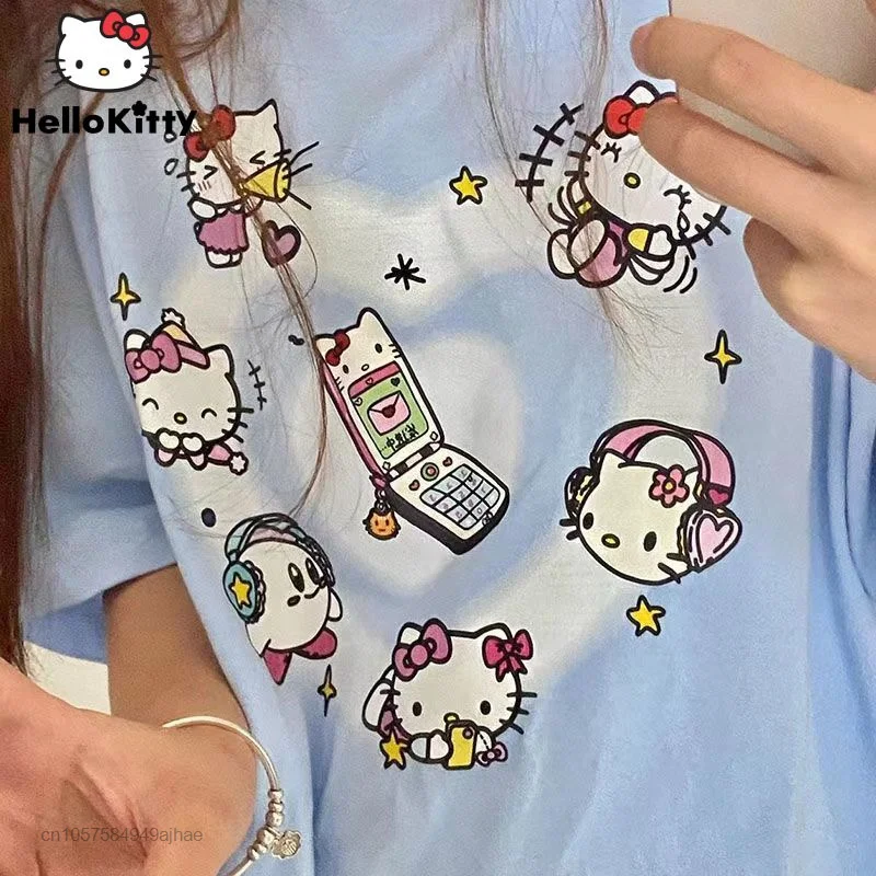 Sanrio Cotton Clothes Short Sleeve T-shirt 2022 Summer New Cartoon Hello Kitty Cute Printed Top Korean Fashion Tshirt Women Tees