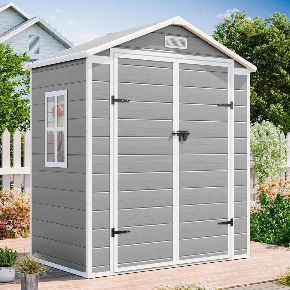 

All-Weather Resin Outdoor Storage Shed, 6x3 ft, with Floor, Window, and Lockable Door for Lawn, Garden, and Patio Use, Light Gra