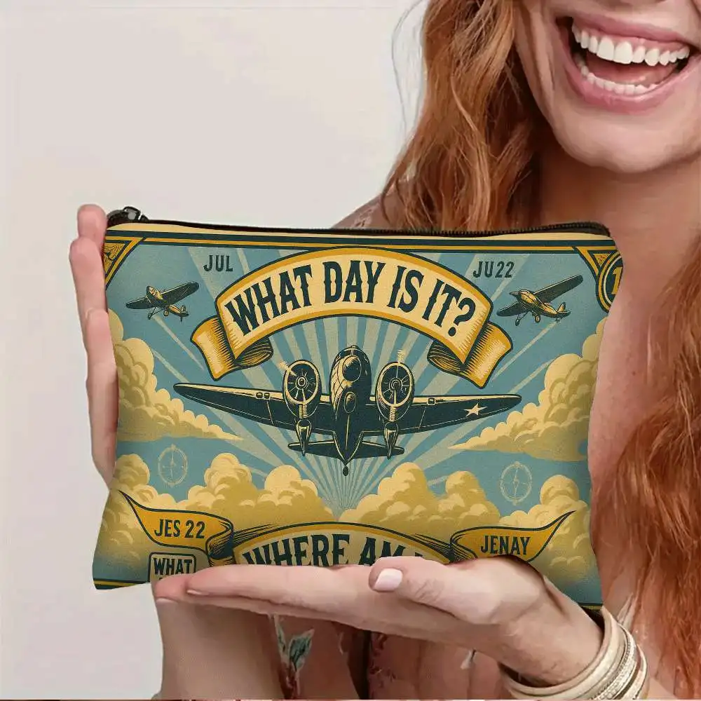 Vintage Airplane Print Washbag Double Sided Aviation Themed Cosmetic Travel Organizer Durable Zipper Lightweight Foldable Bag