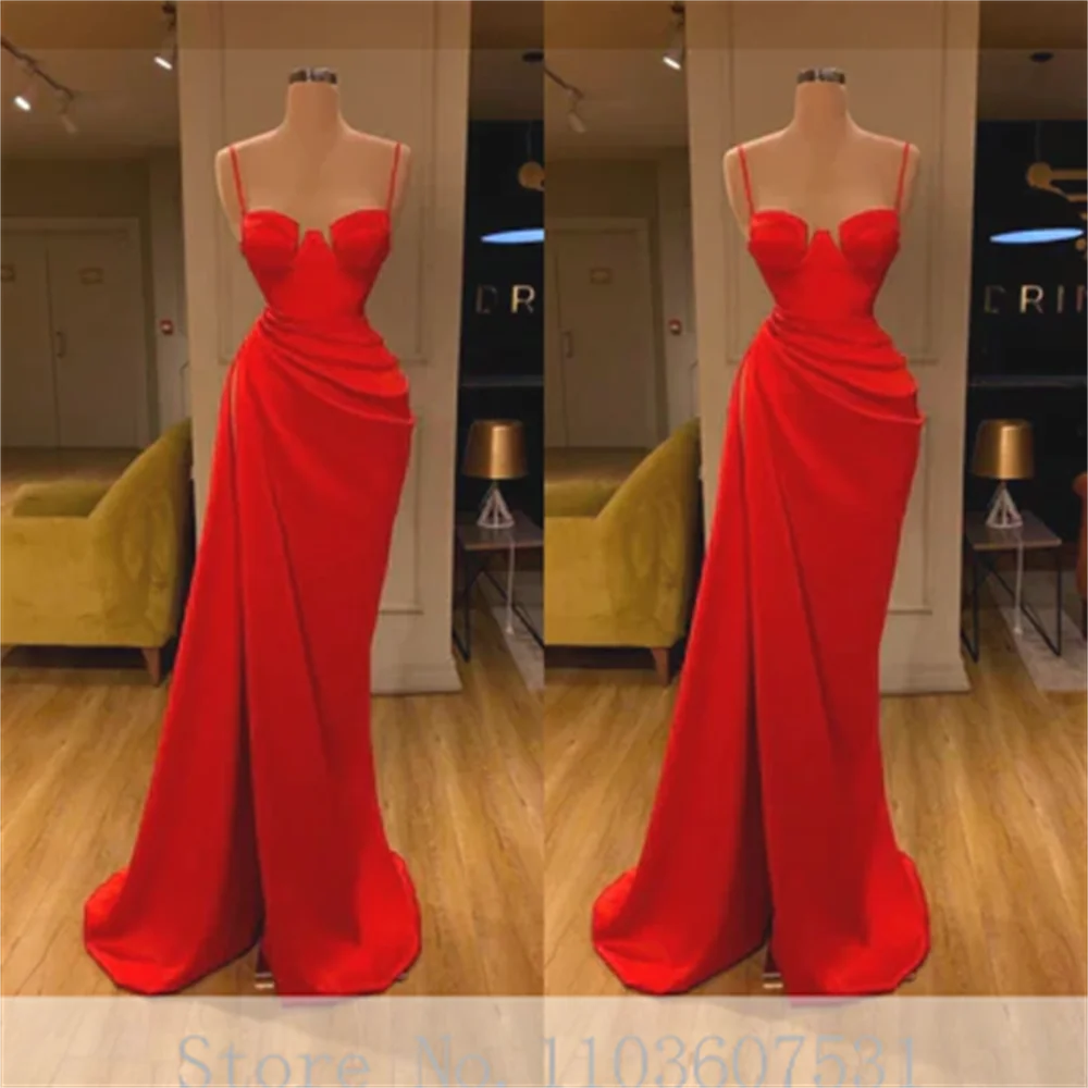 Classic Spaghetti Straps Satin Pleated Satin Prom Dress for Women Sexy Mermaid Court Prom Party Gown with Split robes de soirée