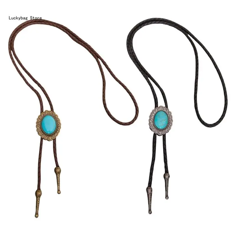 

Stylish Men's Leather Cord Bolo Tie with Turquoises Pendant Adjustable Necktie Jewelry Necklace for Music Festivals