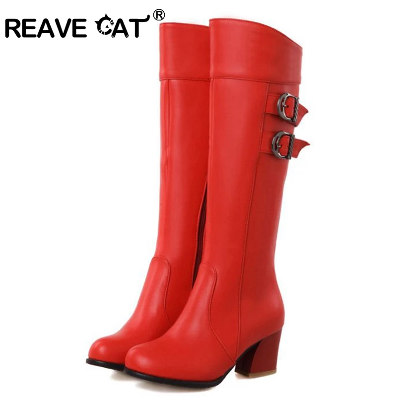 REAVE CAT Big size 30-52 Autumn shoes Ladies Knee boots Women fashion botas Hoof heels   Buckle Party Sexy