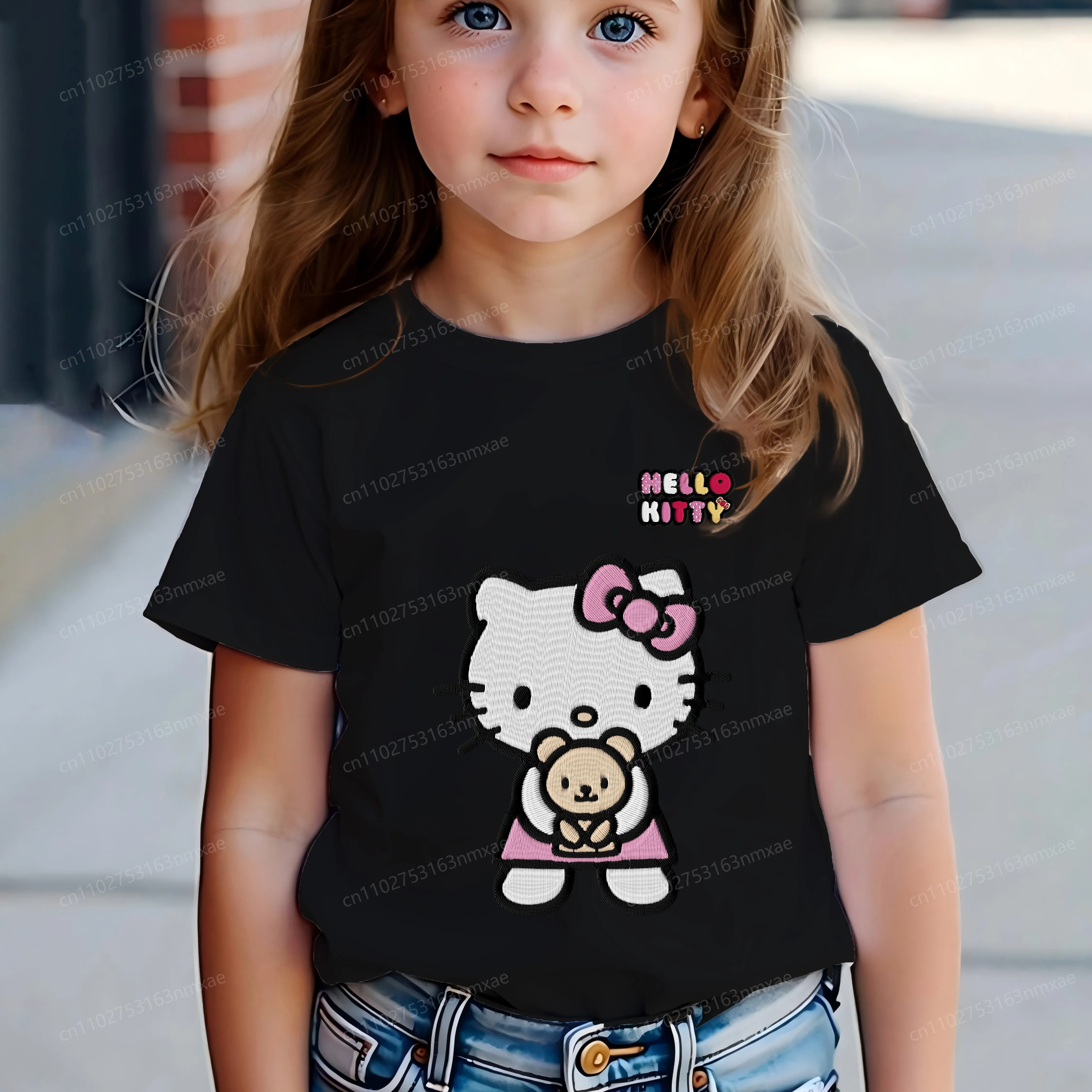 

Летняя одежда для девочек из чистого хлопка с вышивкой Hello Kitty, детская верхняя одежда с круглым вырезом 2025, футболка, топ для девочек