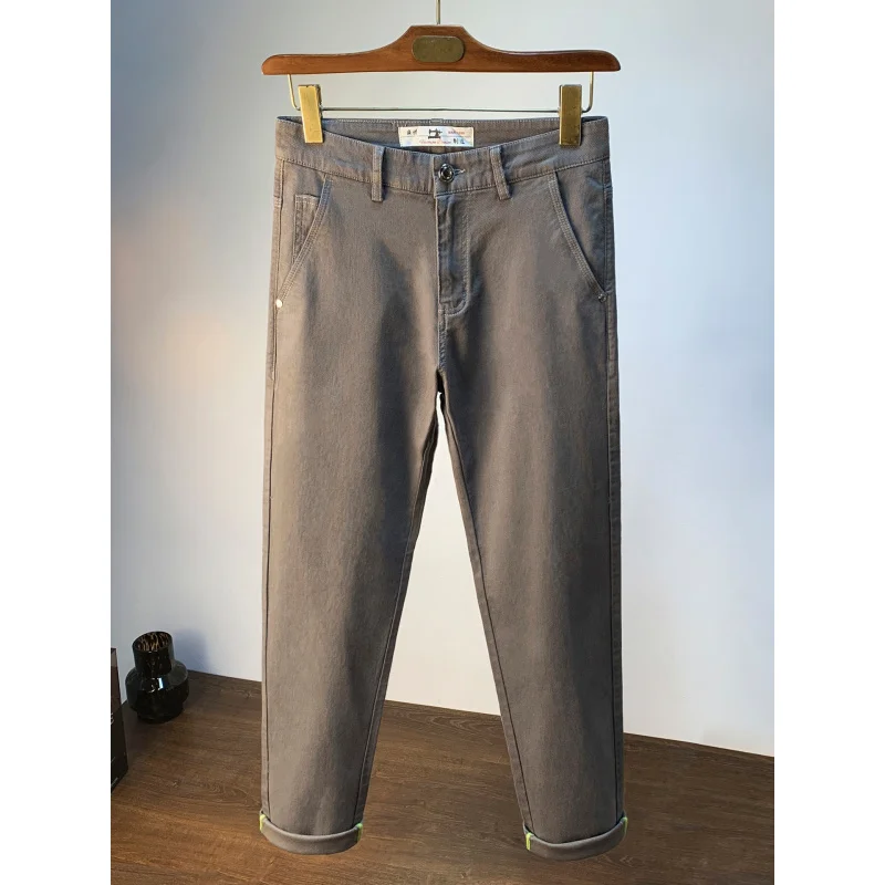 Grey washed casual pants for men, light luxury trend versatile, small straight leg elastic denim slim fit pants
