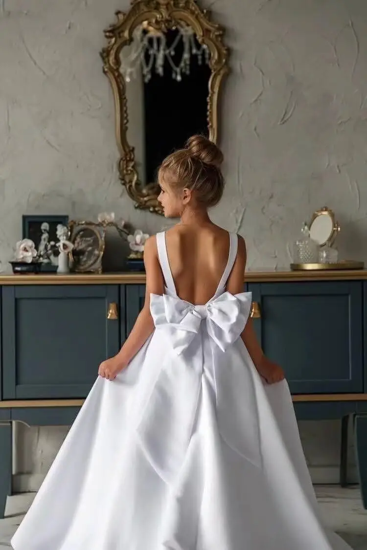 فساتين الفتيات زهرة لحفلات الزفاف الساتان الأميرة فستان المسابقة للأطفال حفلة موسيقية الكرة أثواب مع فستان الفتيات عقدة القوس