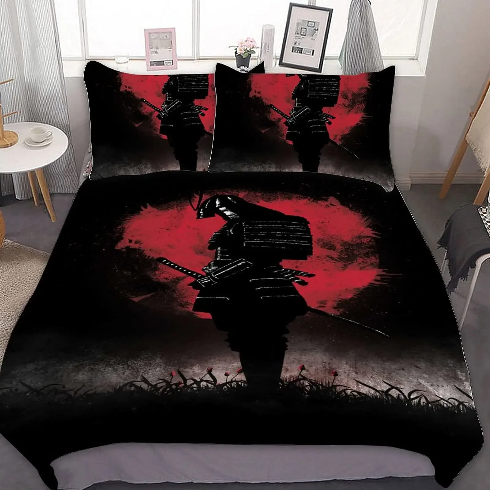 Japanese Style Armor Samurai Duvet Cover Set,Ronin Moon Bedding Sets Queen Size, Japan Sunset Scenery Comforter Cover Set 2/3pcs