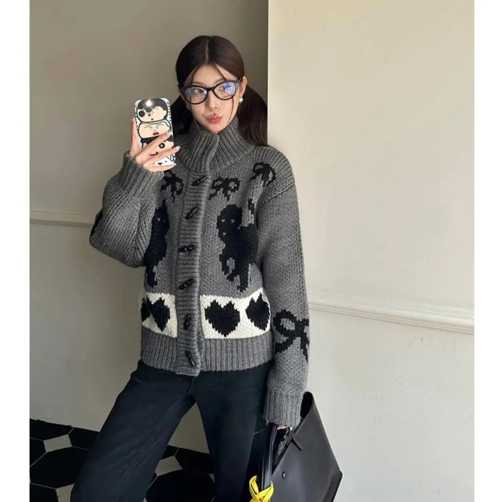 

Autumn Winter Jacquard Embroider Knitted Cardigan Casual Loose Sweater Wool Jacket for Couples New Pattern