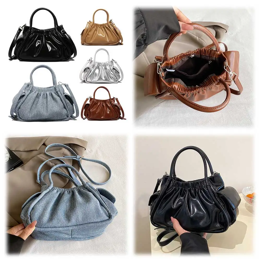 

Women PU Pleated Shoulder Bag Solid Color Casual Top Handle Bag Adjustable Strap Small Ruched Tote Bag Crescent Clutch Bag