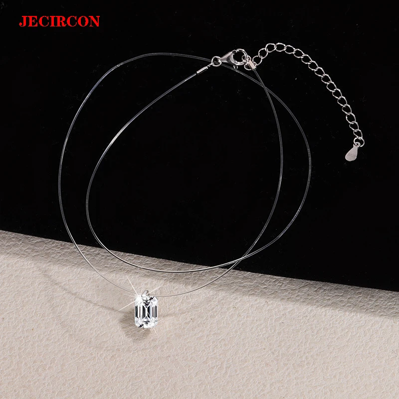 

JECIRCON S925 Sterling Silver Invisible Fish Line Necklace 1/2 Carat Geometric Rectangle Moissanite (White/Green) Dainty Pendant