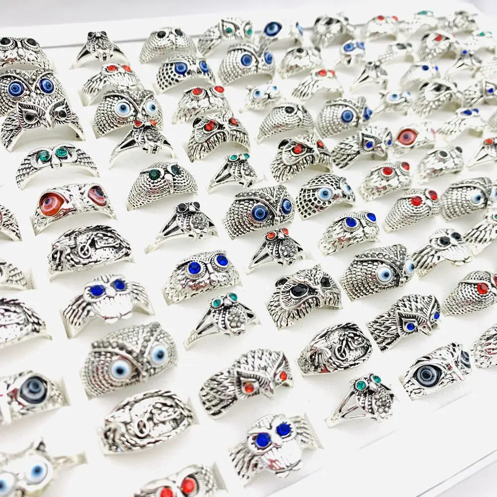 Mixmax-خواتم بومة عتيقة للرجال والنساء ، مجوهرات حفلات البانك ، عيون متعددة الألوان ، نمط فضي ، تصميم الأزياء ، 20