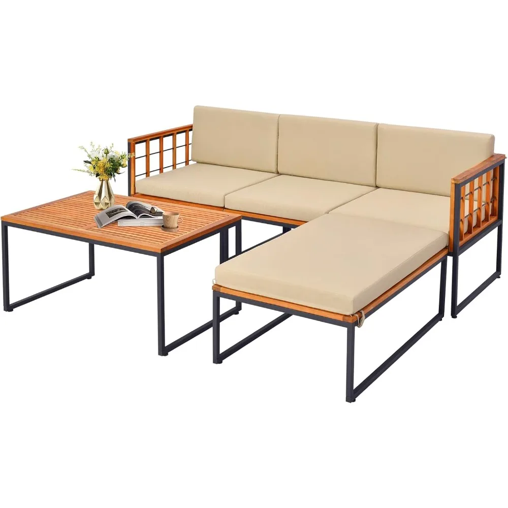 5-Piece Patio Furniture Set, Acacia Wood Segmented Set with Heavy Duty Metal Frame, Comfortable Seat and Back Cushions (Beige)