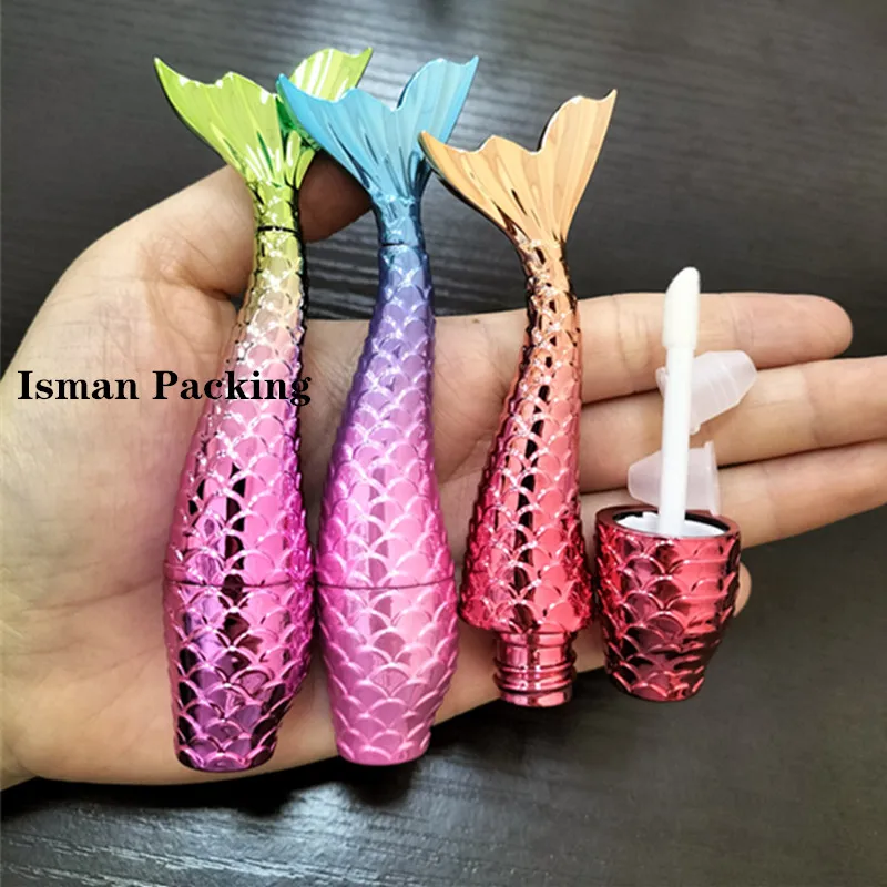 50Pcs unique cute shiny mermaid lip gloss tube kids bling fish shape lipgloss container packaging bottle with wands brush 3ml