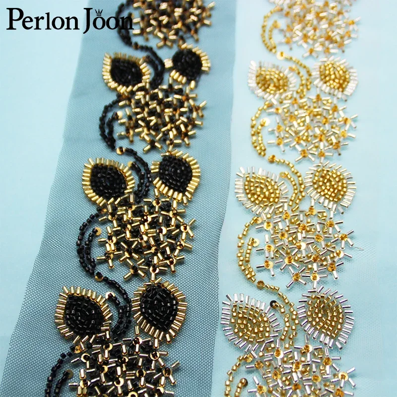 5 Yards Rattan Flower Shape Black Gold Glass Beaded Imitation Handmade Mesh Lace Trim DIY Sew Decorated for Clothing Dress HB082