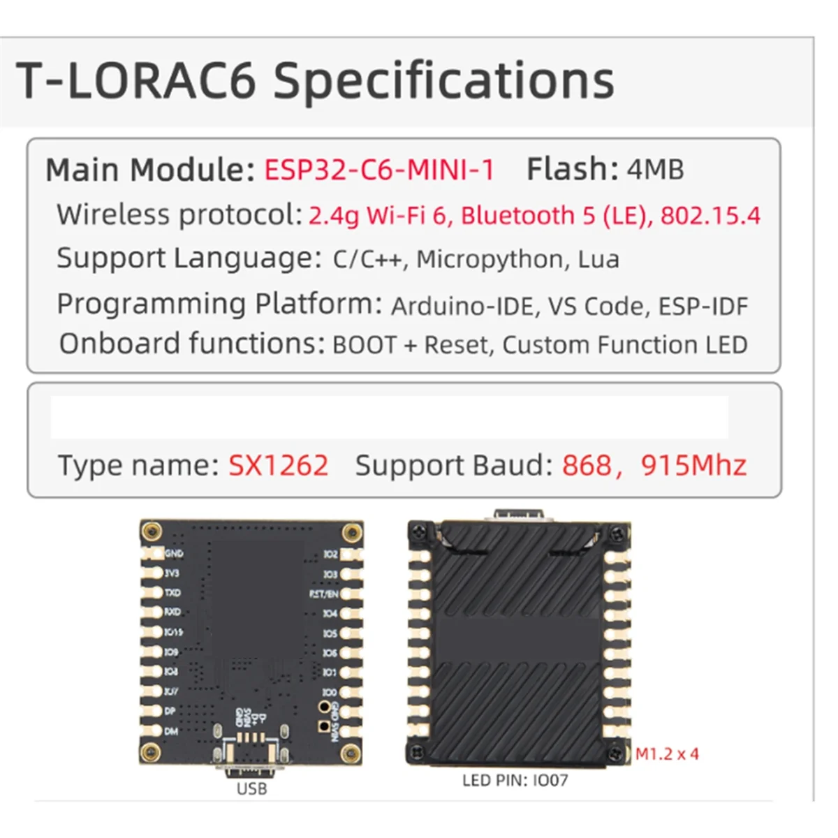 T-LoRaC6 Main -C6 LoRa Module SX1262 915MHz LoRaWAN Long Range Low Power Development Board Stamp Holes PCB