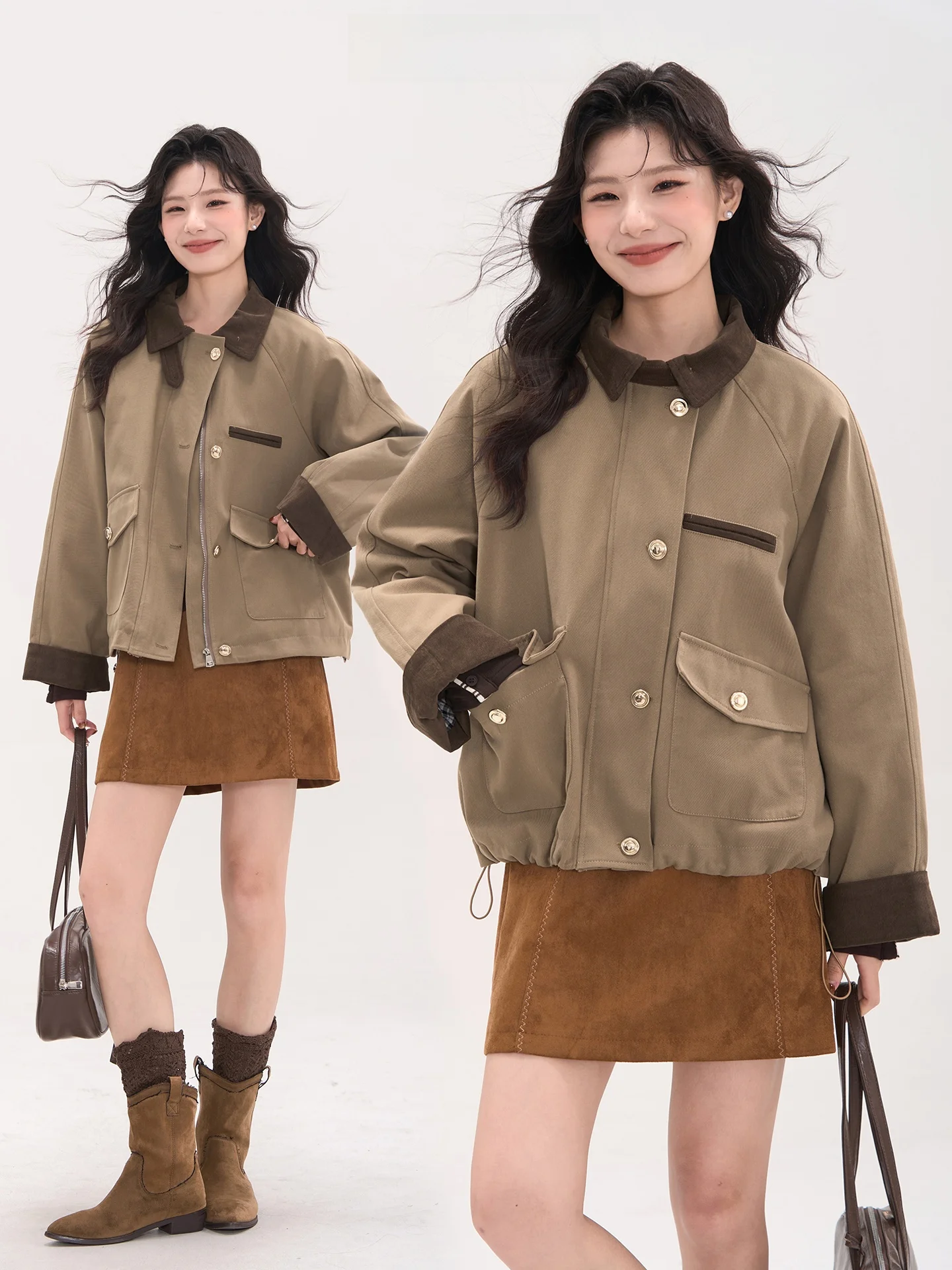 

Heme Dreng S Patchwork Corduroy Jaet Collar Coat Cotton Filled Top Women's Loose Fit Long Sve Color Coat