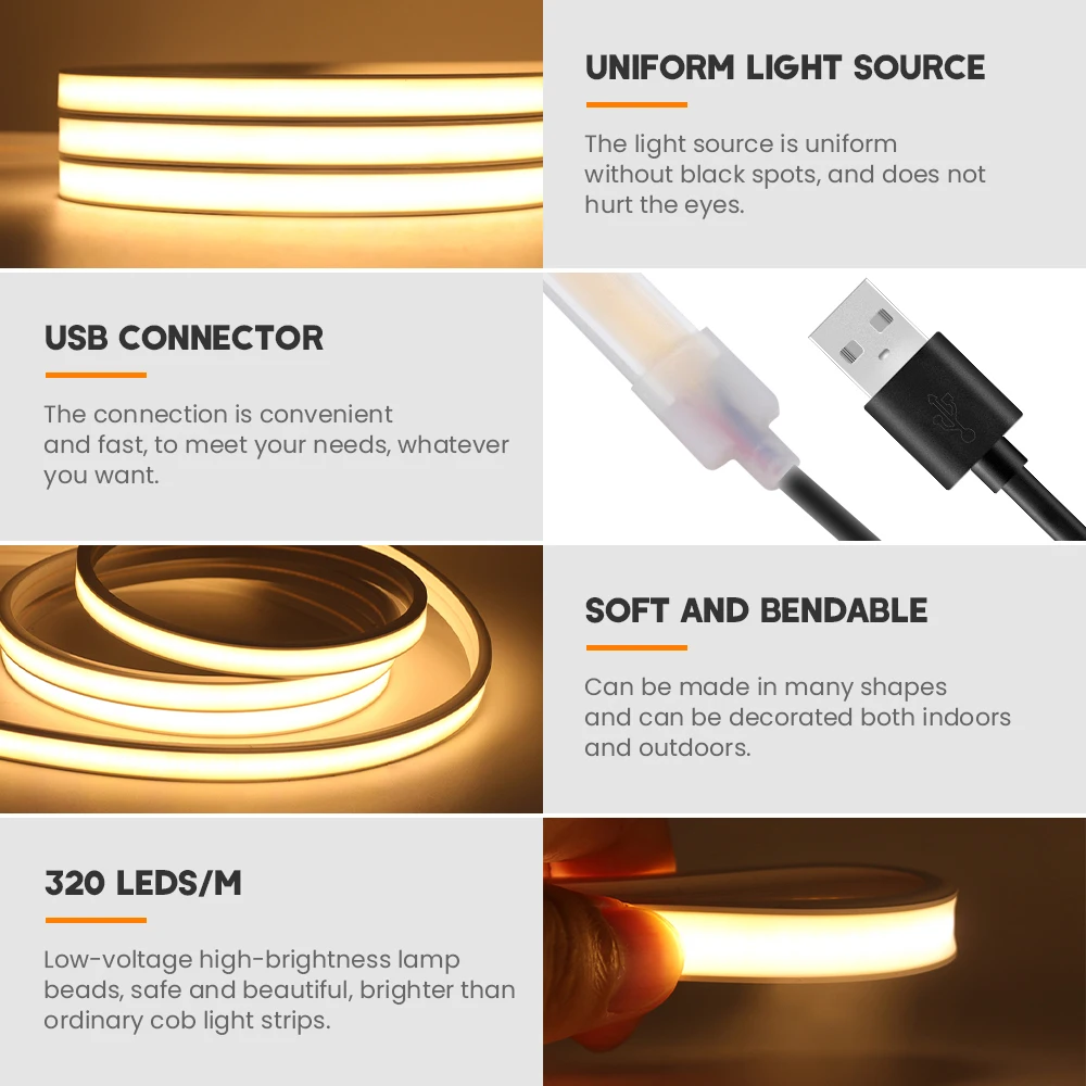 USB COB LED 스트립, IP67 방수 네온 조명, PIR 센서 스위치 포함, 실리콘 튜브 네온 유연한 테이프 야간 램프, 5V, 320LEDs/m