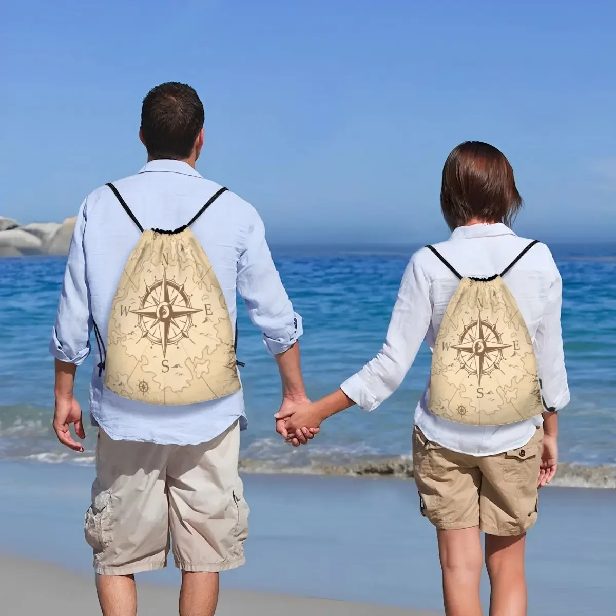 カスタムヴィンテージ海賊の地図巾着バックパック女性男性スポーツジムサックパック折りたたみ航海コンパスセーラートレーニングバッグ袋