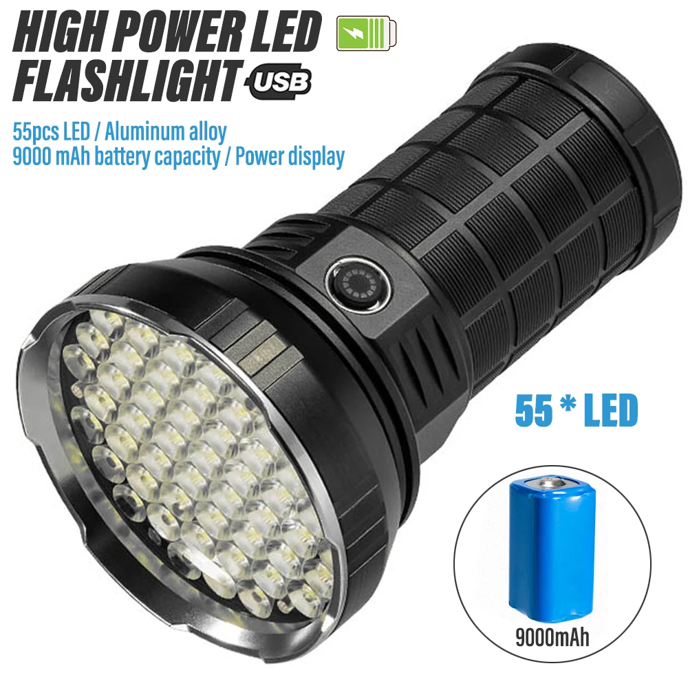 

E2 High Power LED Flashlight Powerful Super Bright Lantern 33/55 LEDS Aluminum Alloy Searchlight Illuminates Large Areas Torch