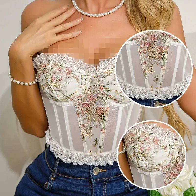 Women\'s White Sexy Lace Mesh Fish Bone Chest Flower Embroidered Bra Women\'s Strapless Lace Top Wrapped Chest