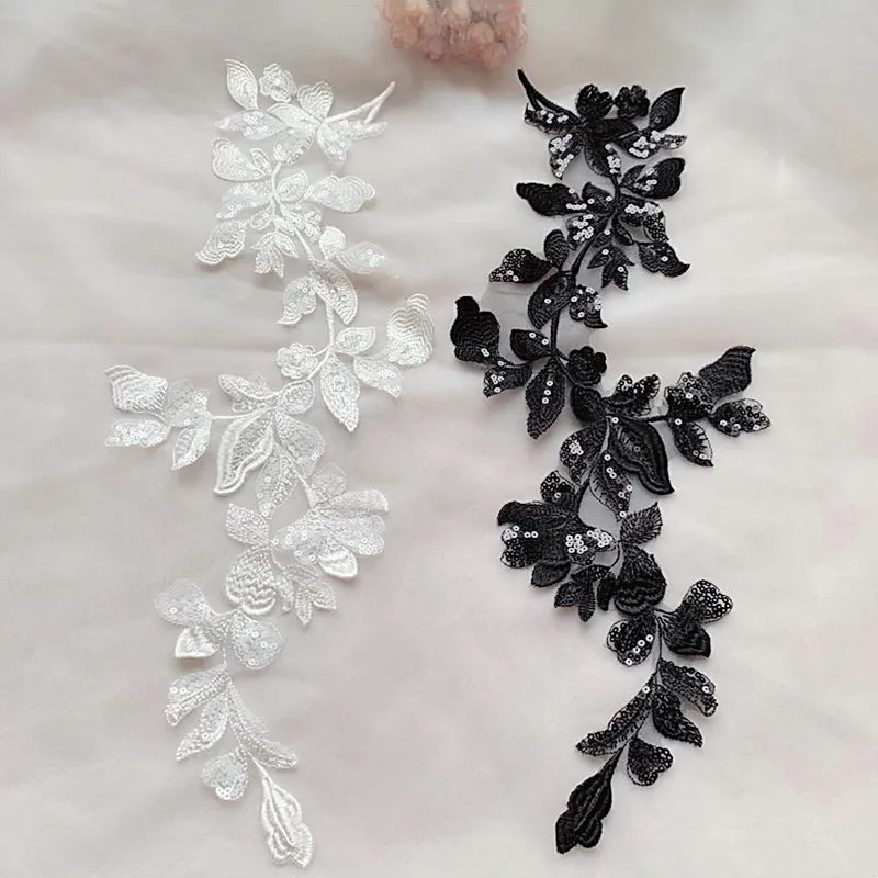 2 Pieces New High Quality Milky White Sequin Lace Patch Embroidery Accessories, Handmade DIY Wedding and Headwear Clothing,