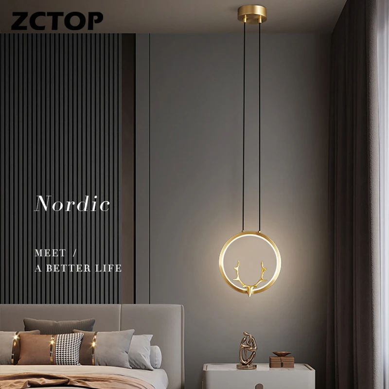 

Gold All Copper LED Pendant Light For Living Room Bedroom Bedside Light Home Indoor Background Decor Copper Pendant Lamp Fixture
