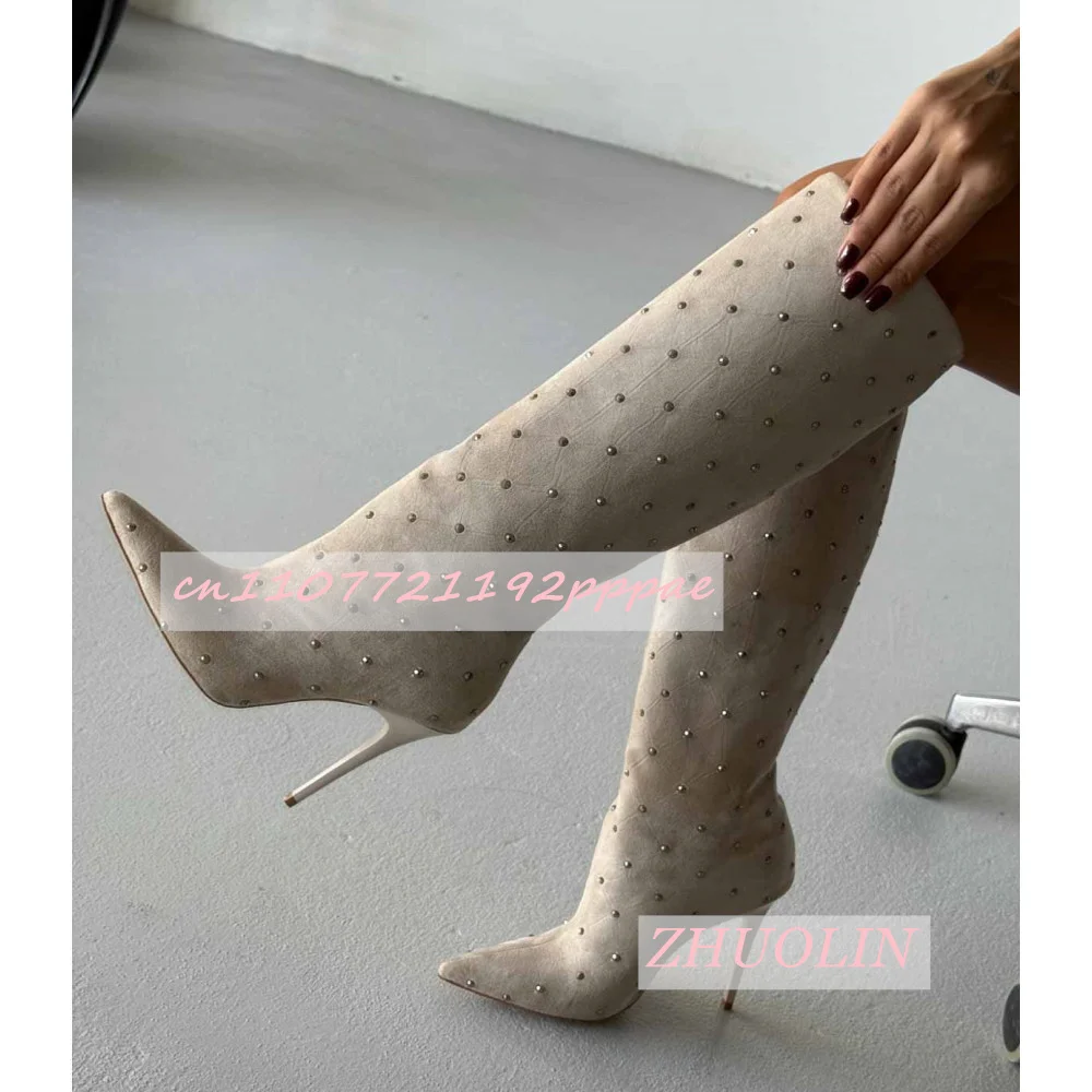 

Spring Beige Suede Studded Boots Pointed Toe Stiletto Heels Slip-On Knee-High Boots Trendy Dress Straight Boots Botas Mujer 46