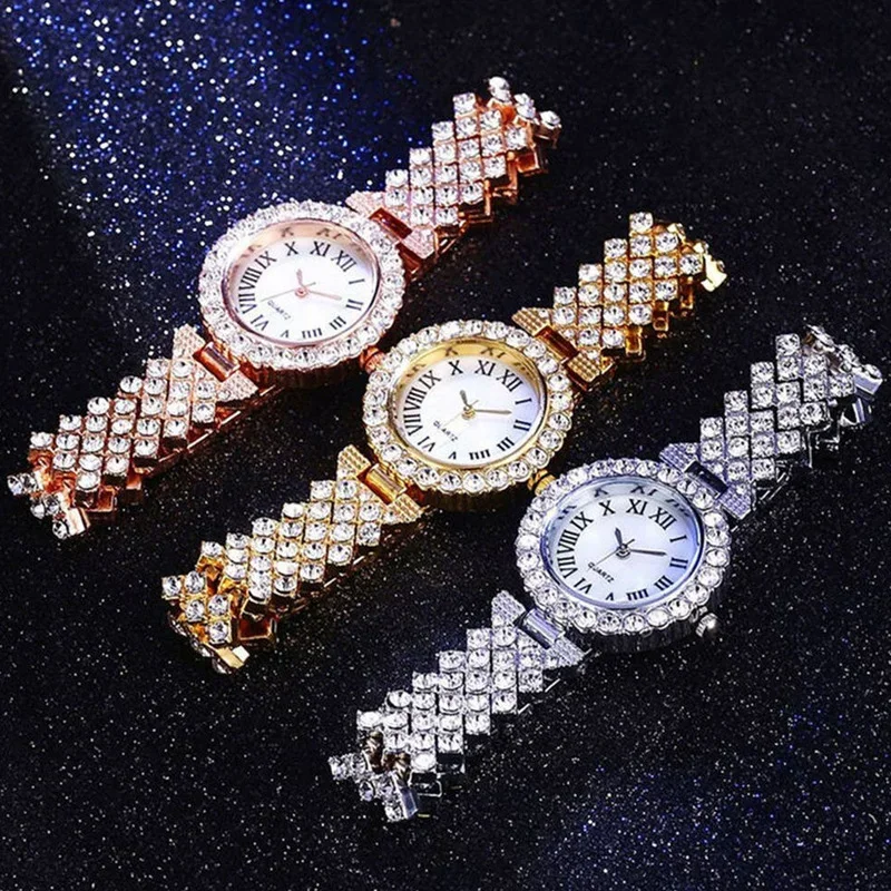 Women\'s Quartz Watch Fashion Luxury Roman Pattern Diamond Ladies Quartz Watch Women Double Layer Diamond Bracelet Ladies Watch