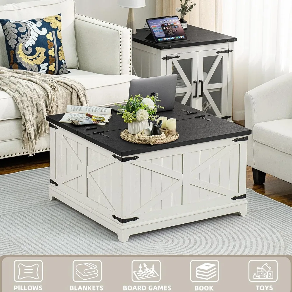 Farmhouse Coffee Table with Hidden Storage Compartment, Antique Black & White Square Large Center Table for Living Room