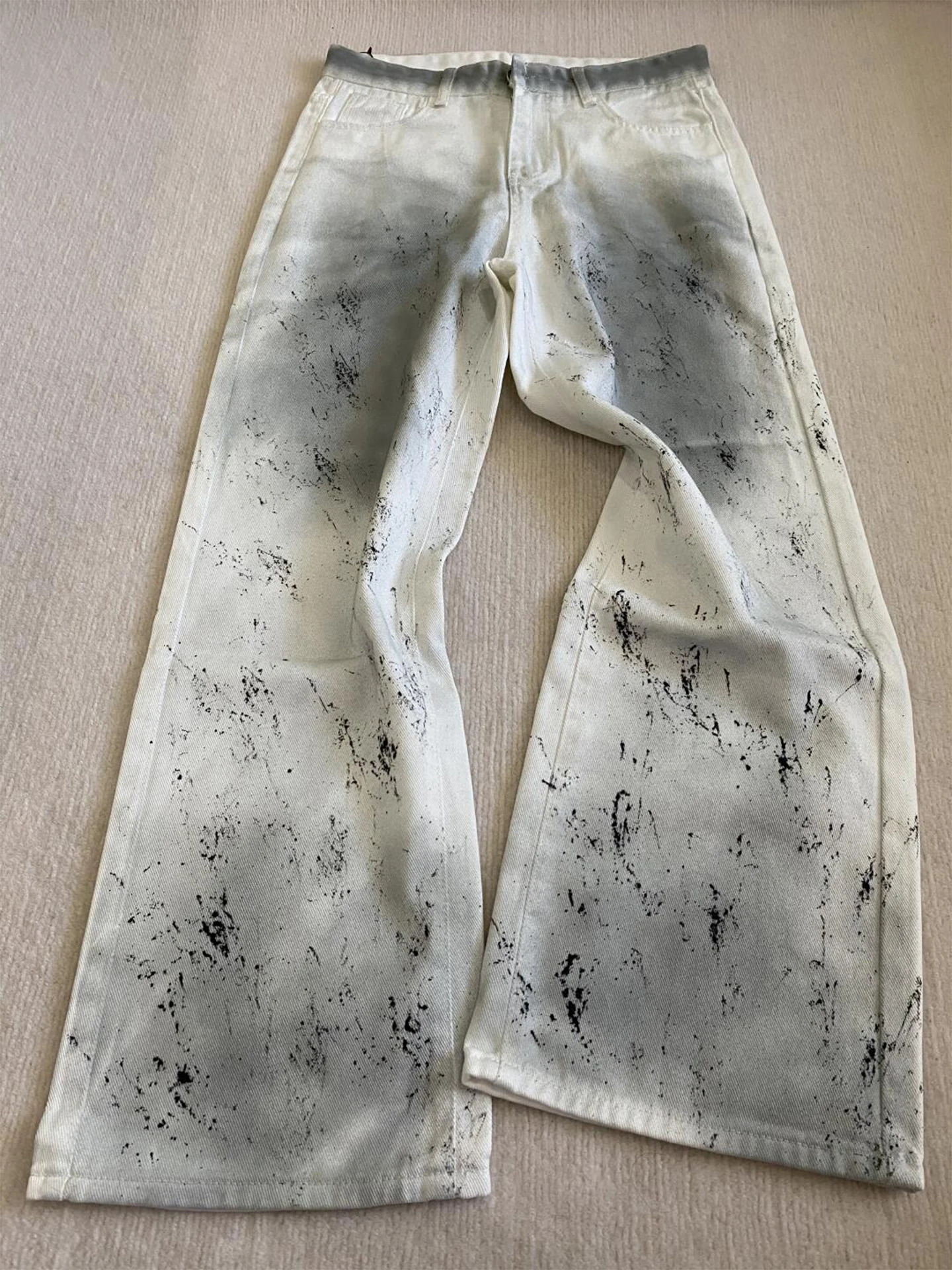 

White Splattered Paint Denim Jeans Men's Autumn American Retro Design Sensation Cleanfit Flared Pants Dyeing Proc Straight...