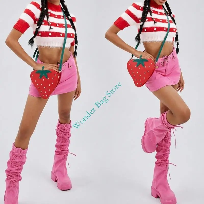 Women Lovely Strawberry Shoulder Bag Fruit Shaped Crossbody Bag with Adjustable Strap and Zipper Closure for Shopping Daily Use