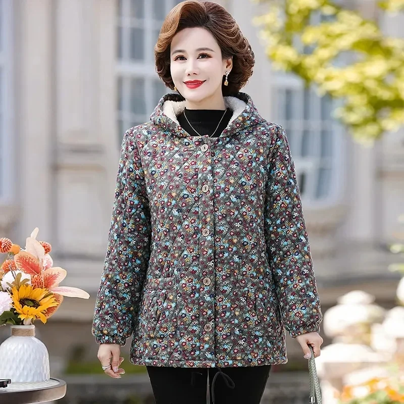 

2024 New Autumn Winter Coat Jacket Middle Aged Elderly Women's Cotton Coat Warm Adding Velvet Thicken Hooded Printed Outerwear