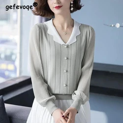 Damen bekleidung Herbst koreanische Mode Perlen schicke elegante Strickwaren lässig V-Ausschnitt Langarm Patchwork Pullover Strick oberteile