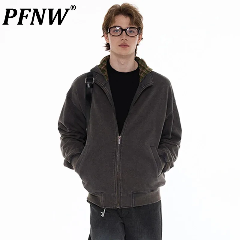 

PFNW Fake Two Piece Plaid Design Men Sweatershirt High Street Chic Worn-out Washed Loose Fit Autumn Hooded Cardigan Tops 28W4352