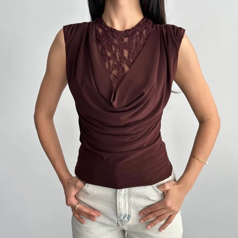 

Talenza Women's Lace T-Shirt Summer Lace See-through Sleeveless Bodycon Tees Fashion New Casual Office Lady Chic Women's Tops