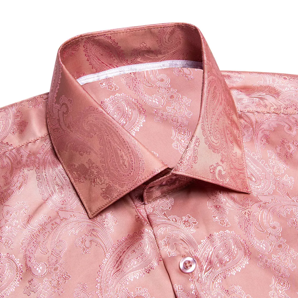 Coral Pink Paisley Men Silk Shirt Spring Autumn Long Sleeve Wedding Turndown-Collar Dress Suit Shirt Business Formal Gift Hi-Tie